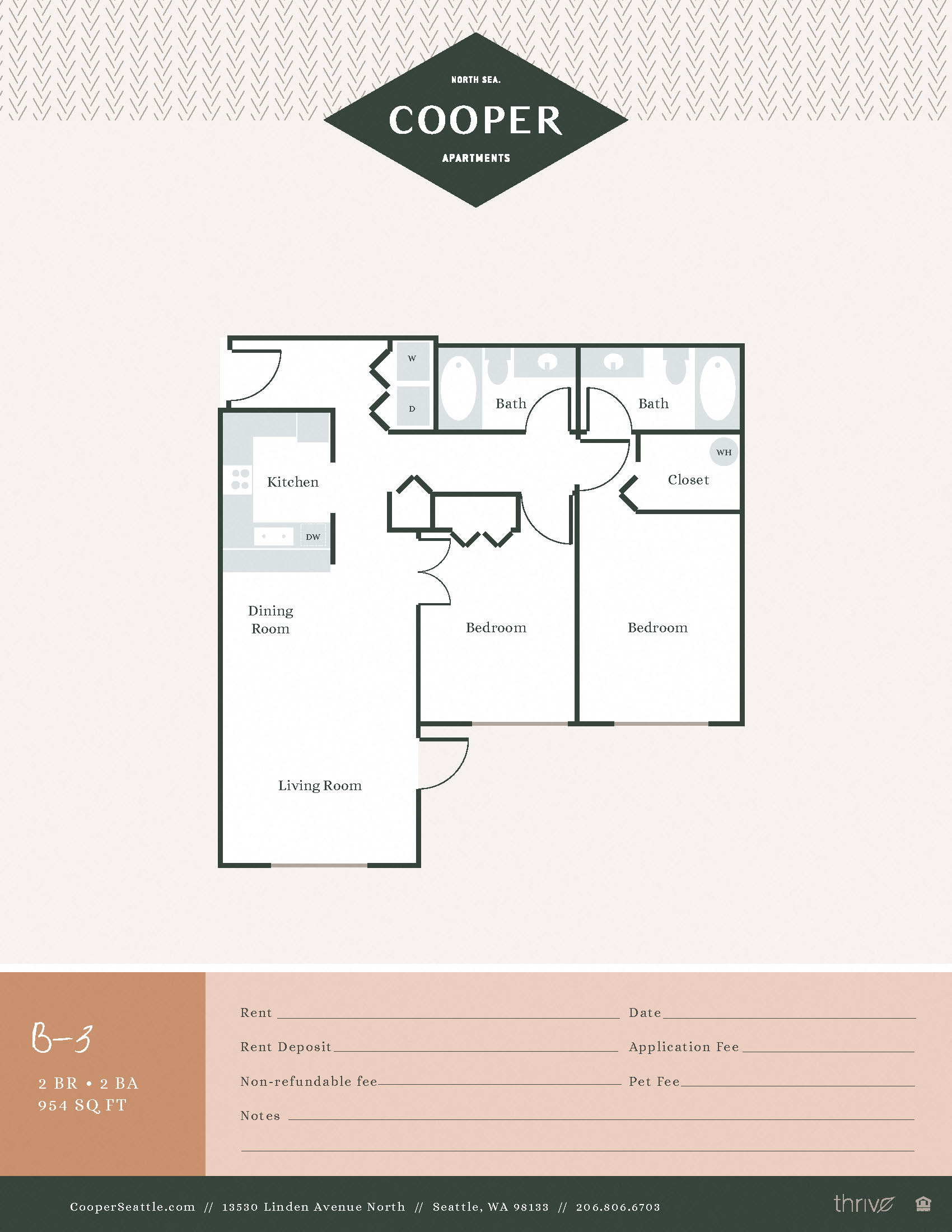 Floor plan for 2 beds, 2 baths, 954 sqft